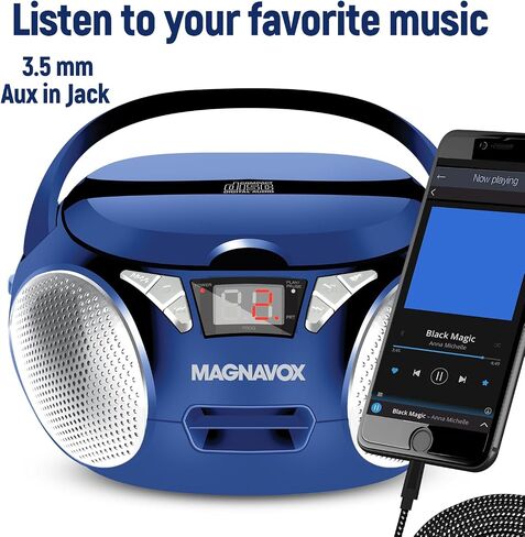 Magnavox MD6924-BL صندوق Boombox المحمول ذو التحميل العلوي مع راديو ستيريو AM/FM باللون الأزرق | متوافق مع أقراص CD-R/CD-RW | شاشة LED | منفذ AUX مدعوم | مشغل أقراص مضغوطة قابل للبرمجة | in Saudi Arabia