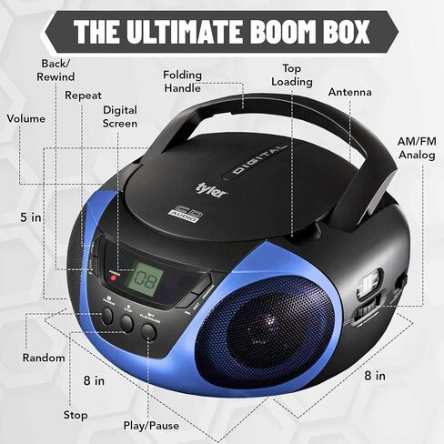 Tyler Portable Boombox CD Player AM/FM Radio Combo, Dynamic Boom Box CD Players for Home/Outdoor Portable Stereo with Speakers, Long Antenna for Best Reception Aux Input/3.5mm Headphone Jack, Blue in Saudi Arabia