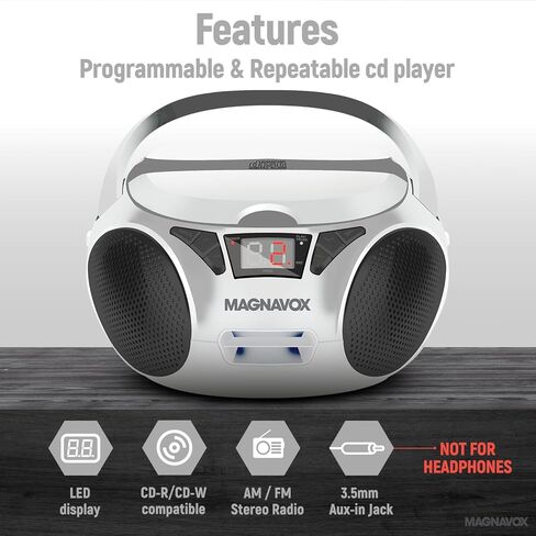 Magnavox MD6924-WH Portable Top Loading CD Boombox with AM/FM Stereo Radio in White and Black | CD-R/CD-RW Compatible | LED Display | AUX Port Supported | Programmable CD Player | in Saudi Arabia