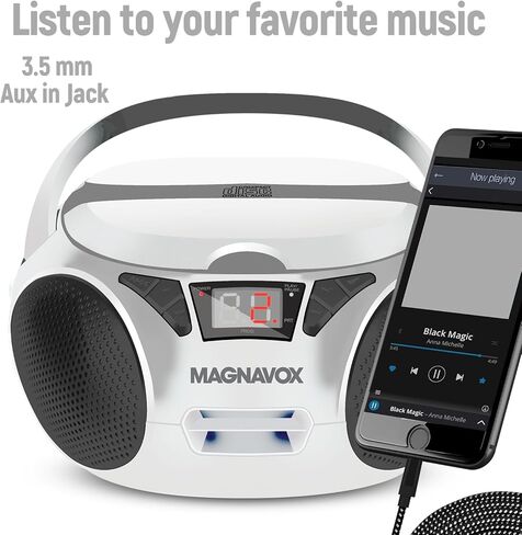 Magnavox MD6924-WH Portable Top Loading CD Boombox with AM/FM Stereo Radio in White and Black | CD-R/CD-RW Compatible | LED Display | AUX Port Supported | Programmable CD Player | in Saudi Arabia