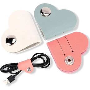 KALIONE Heart Cord Winder, 3 Pack Wrap Winder Manager, USB Cable Organizer Storage, PU Leather Earphones Storage Straps, Portable Bag Charging Cable Holder, Cute Headphone Case Gifts for Women Girls