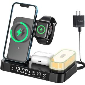 Wireless Charger Charging Station, Hdiwousp Foldable 5 in 1 30W Fast Wireless Charging Station with Alarm Clock and Night Light Matching with iPhone 14/13/12/11/XS AirPods and Apple Watch in Kuwait