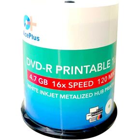 أقراص AcePlus 100 بيضاء قابلة للطباعة بنفث الحبر DVD-R قابلة للتسجيل مع سرعة تسجيل 16x و4.7 جيجابايت من البيانات (100 قطعة Cakebox)
