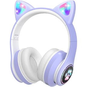 Kids Headphones with Microphone/RGB LED Light Up, Cat Ear Bluetooth Headphones 94dB Volume Limiting, Foldable Stereo Over-Ear Headphones for Kids Tablet/School/iPad/Smartphone (Black)