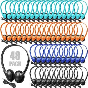 Frienda 48 Pack Classroom Headphones on Ear Wired Stereo Headset with 3.5mm Jack, over The Head Student Earphone Set for Kids Adults School Library Airplane Computer Laptop, No Microphone (Black)