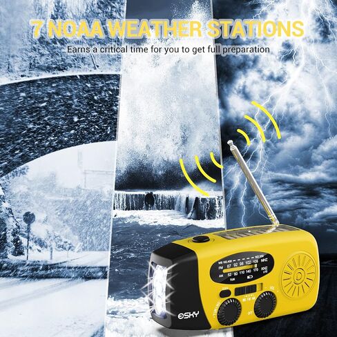 راديو كرنك اليد في حالات الطوارئ مع 3 مصابيح LED، راديو Esky AM/FM/NOAA المحمول للطقس مع شاحن هاتف بنك الطاقة 2000 مللي أمبير في الساعة، راديو مشحون USB يعمل بالطاقة الشمسية للتخييم الداخلي والخارجي، إنذار SOS in Saudi Arabia