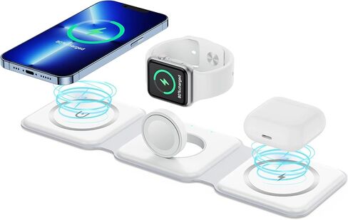 قاعدة شحن لاسلكية 3 في 1 قابلة للطي، قاعدة شحن للسفر لأجهزة Apple المتعددة، وسادة شاحن مغناطيسية سريعة لهاتف iPhone 14 Pro Max/13/12/11/X/8/ iWatch 8/Ultra/7/6/SE/5/ 4/3/2/ ايربودز برو in Kuwait