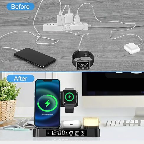 Wireless Charger Charging Station, Hdiwousp Foldable 5 in 1 30W Fast Wireless Charging Station with Alarm Clock and Night Light Matching with iPhone 14/13/12/11/XS AirPods and Apple Watch in Kuwait