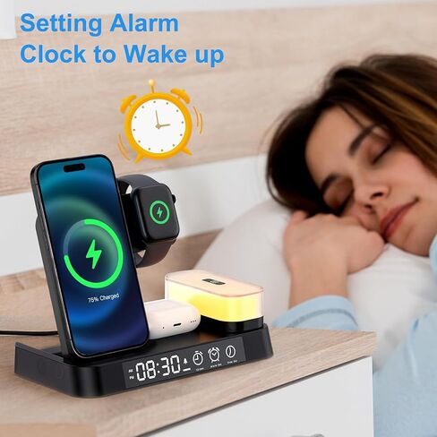 Wireless Charger Charging Station, Hdiwousp Foldable 5 in 1 30W Fast Wireless Charging Station with Alarm Clock and Night Light Matching with iPhone 14/13/12/11/XS AirPods and Apple Watch in Kuwait