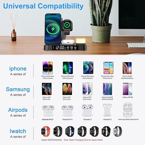 Wireless Charger Charging Station, Hdiwousp Foldable 5 in 1 30W Fast Wireless Charging Station with Alarm Clock and Night Light Matching with iPhone 14/13/12/11/XS AirPods and Apple Watch in Kuwait
