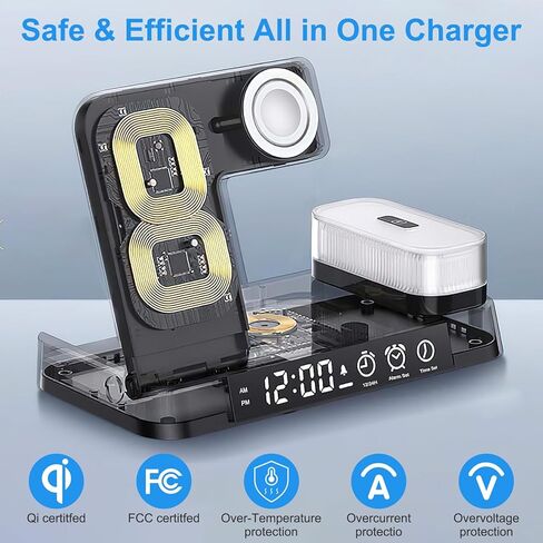 Wireless Charger Charging Station, Hdiwousp Foldable 5 in 1 30W Fast Wireless Charging Station with Alarm Clock and Night Light Matching with iPhone 14/13/12/11/XS AirPods and Apple Watch in Kuwait