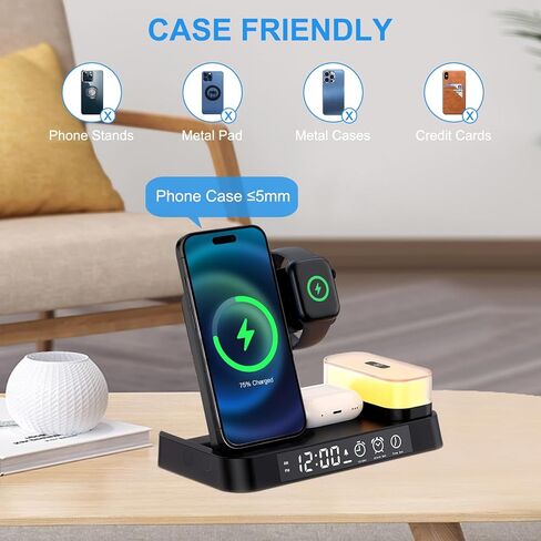 Wireless Charger Charging Station, Hdiwousp Foldable 5 in 1 30W Fast Wireless Charging Station with Alarm Clock and Night Light Matching with iPhone 14/13/12/11/XS AirPods and Apple Watch in Kuwait