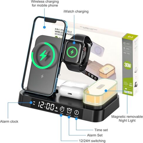 Wireless Charger Charging Station, Hdiwousp Foldable 5 in 1 30W Fast Wireless Charging Station with Alarm Clock and Night Light Matching with iPhone 14/13/12/11/XS AirPods and Apple Watch in Kuwait