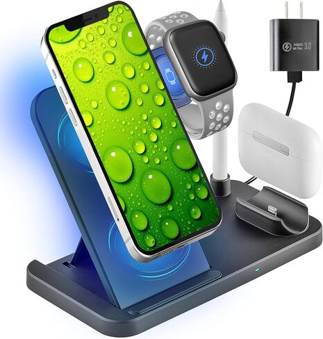 C&Berg 4 in 1 Charging Station Apple, 15W Fast Charger Portable Dock Stand, Compatible w/Qi-Certified Devices, iPhone 13/13 Pro/12/12 Pro/SE/11/X NoteS8/9/10, iWatch, Airpods & Apple Pencil 3 in 1 in Saudi Arabia