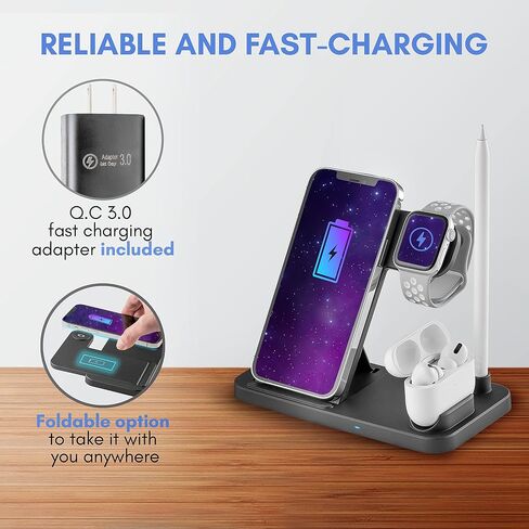 C&Berg 4 in 1 Charging Station Apple, 15W Fast Charger Portable Dock Stand, Compatible w/Qi-Certified Devices, iPhone 13/13 Pro/12/12 Pro/SE/11/X NoteS8/9/10, iWatch, Airpods & Apple Pencil 3 in 1 in Saudi Arabia