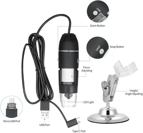 Meichoon 1600X Magnification Endoscope USB Microscope Camera, Portable Mini Digital Microscope with Metal Stand, Compatible with Mac Windows 7 8 10 XP,NB01C in Saudi Arabia