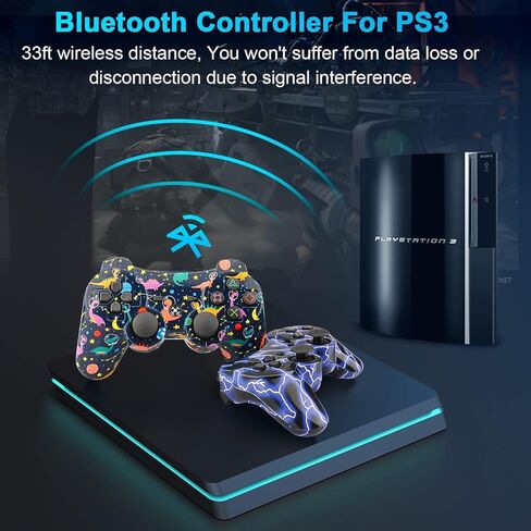 BELOPERA 2 Pack PS3 Controller، Cool Blue PS3 Controller Wireless for PlayStation 3 مع 2 كابلات USB، أجهزة التحكم عن بعد البديلة تعمل لوحدة تحكم PS3 مع عصا التحكم المحدثة in Kuwait