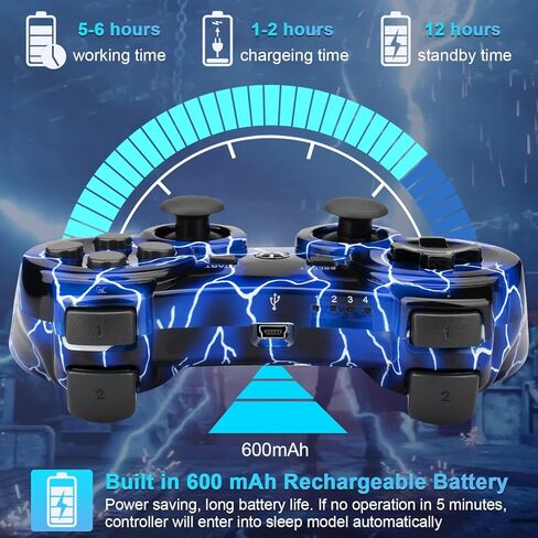 BELOPERA 2 Pack PS3 Controller، Cool Blue PS3 Controller Wireless for PlayStation 3 مع 2 كابلات USB، أجهزة التحكم عن بعد البديلة تعمل لوحدة تحكم PS3 مع عصا التحكم المحدثة in Kuwait