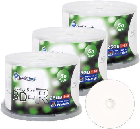 Smartbuy 150 Pack Bd-r 25gb 6X Blu-ray طبقة واحدة قابلة للتسجيل قرص قابل للطباعة أبيض نافث للحبر بيانات فارغة وسائط فيديو 150 قرص المغزل in Saudi Arabia