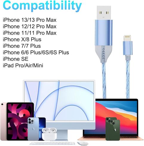 كابل شحن الهاتف 3 في 1 متعدد USB عالمي متدفق بإضاءة LED، Lightning+Type C+Micro USB متوهج سلك موصل شاحن لهاتف iPhone 14/13/12 Pro Max/XR/XS/8 7/SE، iPad/LG/ سامسونج/بكسل (4FT أخضر) in Kuwait