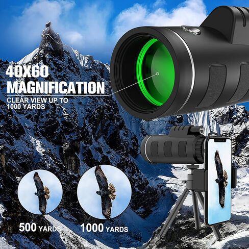 JiaSifu 40x60 High Definition Monocular Telescope with Smartphone Adapter, BAK4 Prism FMC Monocular with Clear Low Light Vision for Wildlife Hunting Camping Travelling（LD006-ZZ-011） in Saudi Arabia