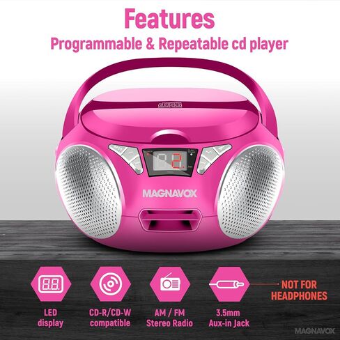 Magnavox MD6924-PK Portable Top Loading CD Boombox with AM/FM Stereo Radio in Pink | CD-R/CD-RW Compatible | LED Display | AUX Port Supported | Programmable CD Player | in Kuwait
