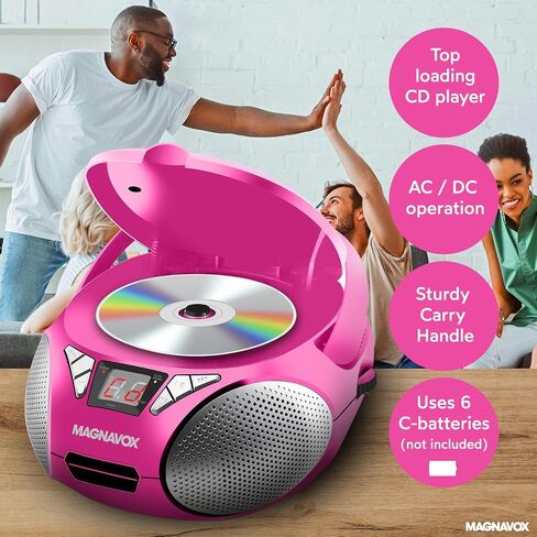 Magnavox MD6924-PK Portable Top Loading CD Boombox with AM/FM Stereo Radio in Pink | CD-R/CD-RW Compatible | LED Display | AUX Port Supported | Programmable CD Player | in Kuwait