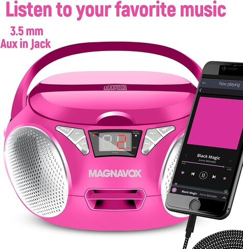 Magnavox MD6924-PK Portable Top Loading CD Boombox with AM/FM Stereo Radio in Pink | CD-R/CD-RW Compatible | LED Display | AUX Port Supported | Programmable CD Player | in Kuwait