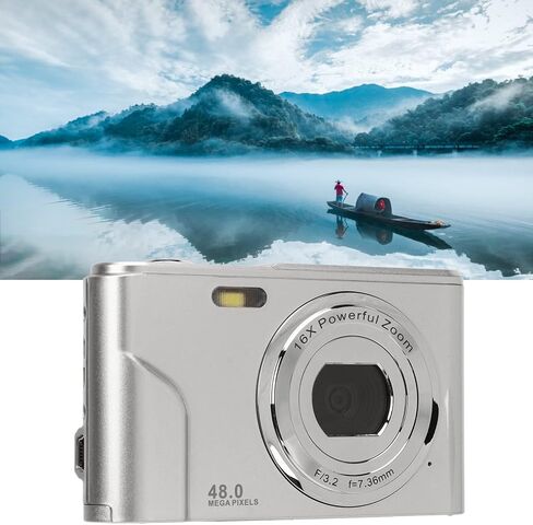 Digital Camera, 1080P 2.4 Inch Display Mini Compact Camera with 16X Zoom, Portable and Rechargeable Video Camera for Adults, Students, Kids, Travel (Space Silver) in Kuwait