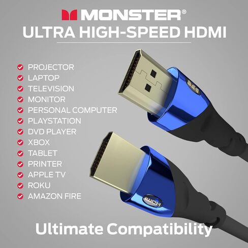 كابل Monster 8Ft فائق السرعة Cobalt 2.1 HDMI الإلكتروني - 48 جيجابت في الثانية مع eARC، 8K عند 60 هرتز للحصول على جودة صوت فيديو فائقة لأجهزة Playstation PS5 وXbox Series X وRoku وApple والتلفزيون الذكي in Kuwait