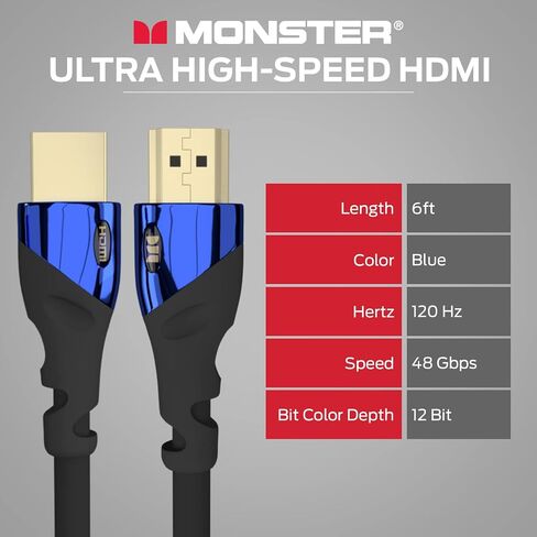 Monster 12Ft Ultra High-Speed Cobalt 2.1 HDMI Electronic Cable - 48Gbps with eARC, 8K at 60Hz for Superior Video Sound Quality for Playstation PS5, Xbox Series X, Roku, Apple, Smart Television in Saudi Arabia