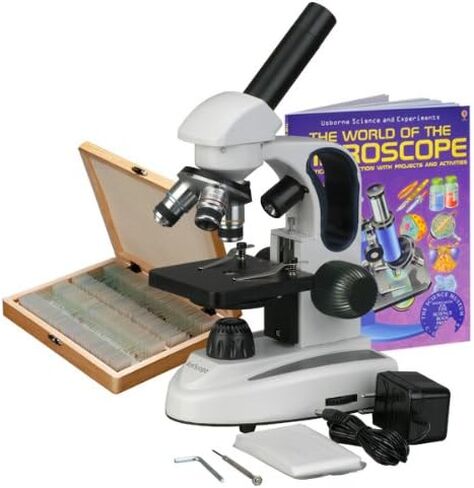 AmScope M149C-2L-PS100-WM مجهر أحادي مركب، عدسات WF10x وWF25x، تكبير 40x-1000x، إضاءة LED العلوية والسفلية، Brightfield، مكثف أحادي العدسة، مرحلة عادية، 110 فولت أو يعمل بالبطارية، إطار معدني عالي التحمل، يتضمن مجموعة o in Saudi Arabia