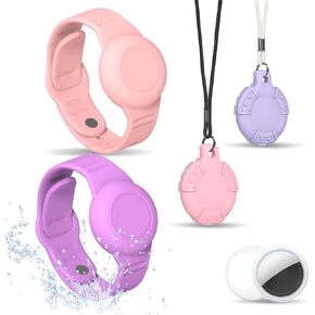 4 Pack for AirTag Bracelet & Air tag Necklace, Soft Silicone Wristband Air Tag Holder Hidden Waterproof Air Tags Accessories Compatible Lightweight, Adjustable (Pink+Purple) in Saudi Arabia