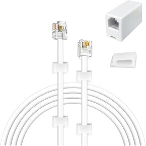 كابل هاتف YOLISTIC بطول 100 قدم (قابس RJ11 6P4C) يشتمل على قارنة توصيل مدمجة (أنثى RJ11 6P4C مزدوجة) و60 مشبك كابل، أبيض