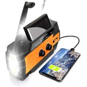 【Upgraded】 Emergency Weather Radio, Hand Crank, 4000mAH, Portable, Solar Charging, with AM/FM/NOAA, 3 LED Flashlights, Motion Sensor, Reading Lamp, SOS Alarm, Rechargeable (Orange) in Saudi Arabia
