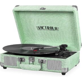 Victrola Vintage 3-Speed Bluetooth Portable Suitcase Record Player with Built-in Speakers | Upgraded Turntable Audio Sound| Includes Extra Stylus | Light Mint Green Linen in Saudi Arabia