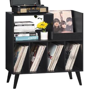 Large Record Player Stand, Turntable Stand with Storage, Vinyl Record Holder with Display Area, Record Player Table Holds Up to 300 Albums, Record Stand for Music room Living Room-Reto Black