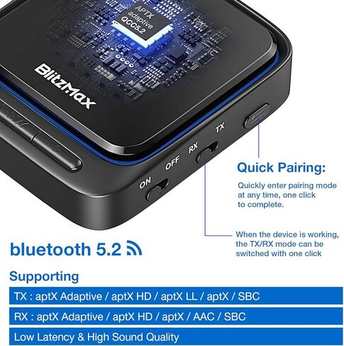 BlitzMax Bluetooth 5.2 Transmitter Receiver, 2-in-1 Bluetooth Adapter, Low Latency Bluetooth aptx Adaptive Audio Adapter with 3.5mm Cable, RCA, SPDIF, for TV/Speaker/Home Stereo/Laptop in Kuwait