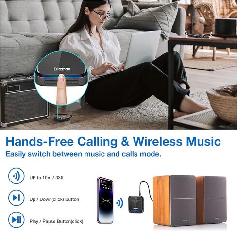 BlitzMax Bluetooth 5.2 Transmitter Receiver, 2-in-1 Bluetooth Adapter, Low Latency Bluetooth aptx Adaptive Audio Adapter with 3.5mm Cable, RCA, SPDIF, for TV/Speaker/Home Stereo/Laptop in Kuwait