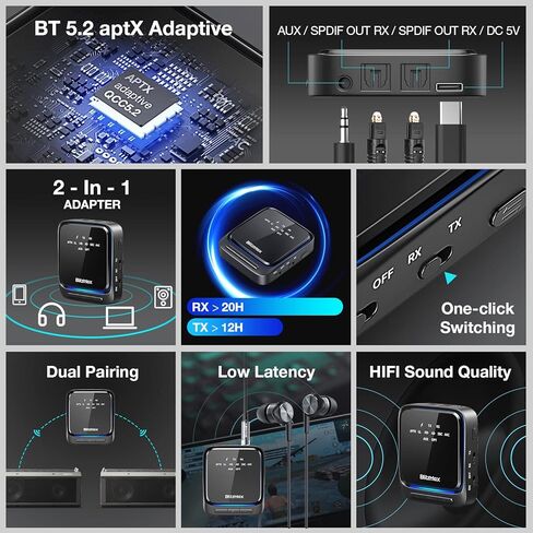BlitzMax Bluetooth 5.2 Transmitter Receiver, 2-in-1 Bluetooth Adapter, Low Latency Bluetooth aptx Adaptive Audio Adapter with 3.5mm Cable, RCA, SPDIF, for TV/Speaker/Home Stereo/Laptop in Kuwait