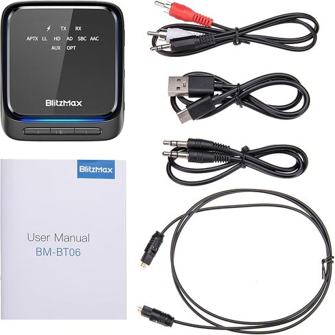 BlitzMax Bluetooth 5.2 Transmitter Receiver, 2-in-1 Bluetooth Adapter, Low Latency Bluetooth aptx Adaptive Audio Adapter with 3.5mm Cable, RCA, SPDIF, for TV/Speaker/Home Stereo/Laptop in Kuwait