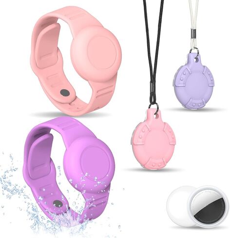 4 Pack for AirTag Bracelet & Air tag Necklace, Soft Silicone Wristband Air Tag Holder Hidden Waterproof Air Tags Accessories Compatible Lightweight, Adjustable (Pink+Purple) in Saudi Arabia