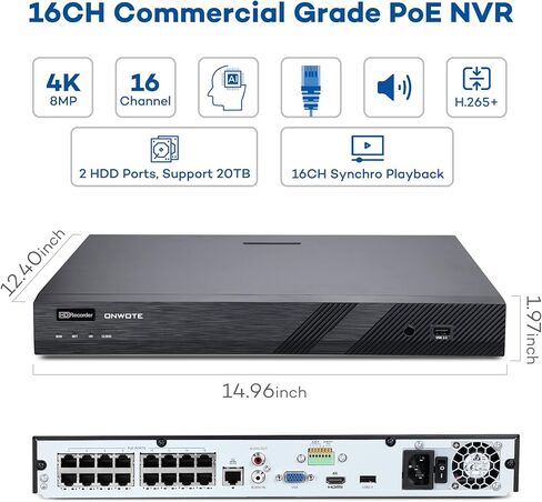 مسجل صوت فيديو ان في ار 16 قناة H.265+ 4K PoE من اونوت، يدعم 8MP 5MP 4MP 1080P، 16CH NVR بدون قرص صلب، يدعم حتى 20TB مع فتحتي تخزين، تشغيل متزامن 16-CH in Kuwait