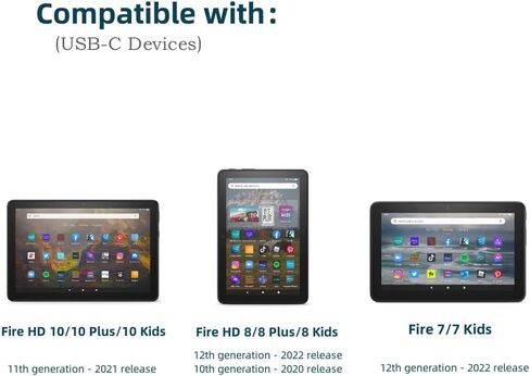 شاحن USB C لجهاز Fire HD 10/10 Plus/10 Kids الجيل الحادي عشر، Fire HD 8/8 Plus/8 Kids الجيل العاشر، Fire 7/7 Kids Tablet الجيل الثاني عشر، محول طاقة 18 وات مع كابل شحن سريع USB-C بطول 5 أقدام in Kuwait
