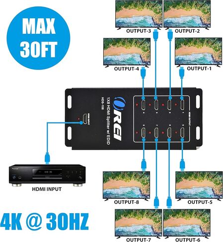 OREI 1080p 1x8 HDMI Splitter, - 1 Port to 8 HDMI Display Duplicate/Mirror - Powered Splitter Ver 1.3 Certified for Full HD 1080P High-Resolution 3D Support (One Input To Eight Outputs) in Saudi Arabia