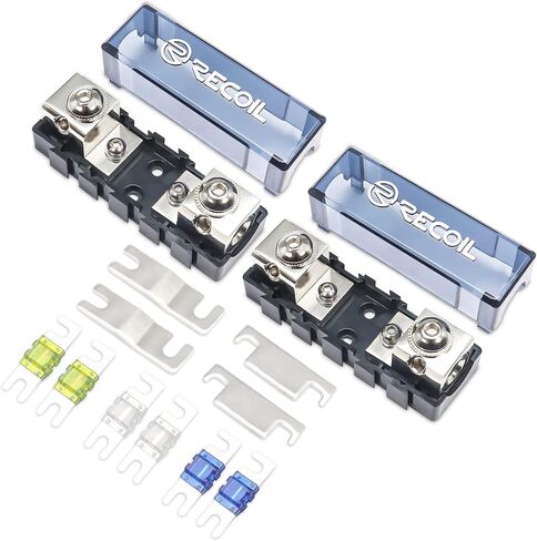 Recoil MFH12 2 Way Mini-ANL Fused Distribution Block Maximum Power Transfer | Solid Brass 1 X 0/2/4 Gauge In / 2 X 4/8 Gauge Out with 60A 80A 100A Fuses in Kuwait