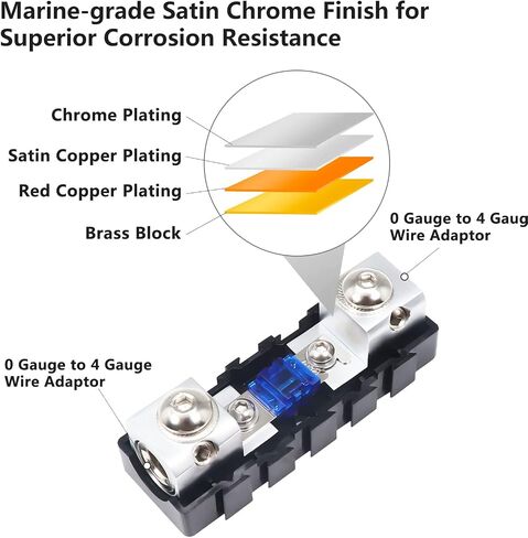 Recoil MFH12 2 Way Mini-ANL Fused Distribution Block Maximum Power Transfer | Solid Brass 1 X 0/2/4 Gauge In / 2 X 4/8 Gauge Out with 60A 80A 100A Fuses in Kuwait