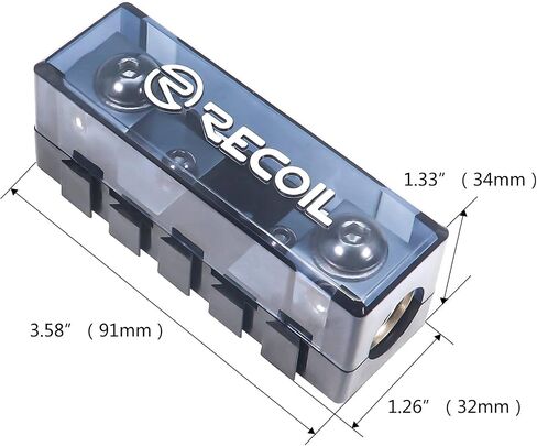 Recoil MFH12 2 Way Mini-ANL Fused Distribution Block Maximum Power Transfer | Solid Brass 1 X 0/2/4 Gauge In / 2 X 4/8 Gauge Out with 60A 80A 100A Fuses in Kuwait