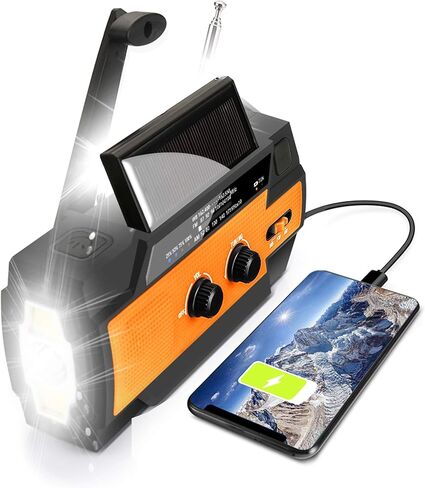 【Upgraded】 Emergency Weather Radio, Hand Crank, 4000mAH, Portable, Solar Charging, with AM/FM/NOAA, 3 LED Flashlights, Motion Sensor, Reading Lamp, SOS Alarm, Rechargeable (Orange) in Saudi Arabia