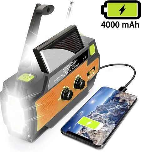 【Upgraded】 Emergency Weather Radio, Hand Crank, 4000mAH, Portable, Solar Charging, with AM/FM/NOAA, 3 LED Flashlights, Motion Sensor, Reading Lamp, SOS Alarm, Rechargeable (Orange) in Saudi Arabia